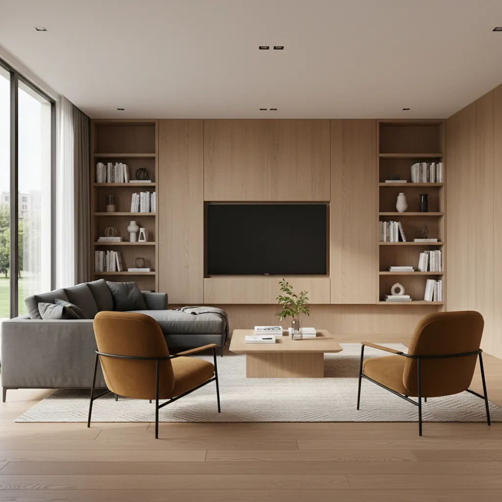 tv focused living room layout with sofa facing television and chairs angled inward