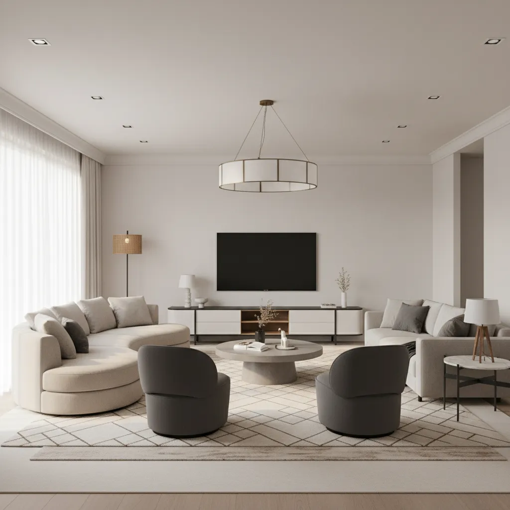 Sectional sofa and chairs arranged facing a television in a large living room