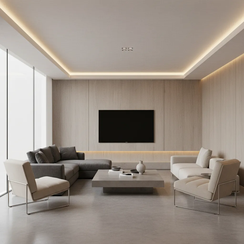 living room layout with sofa and chairs facing television