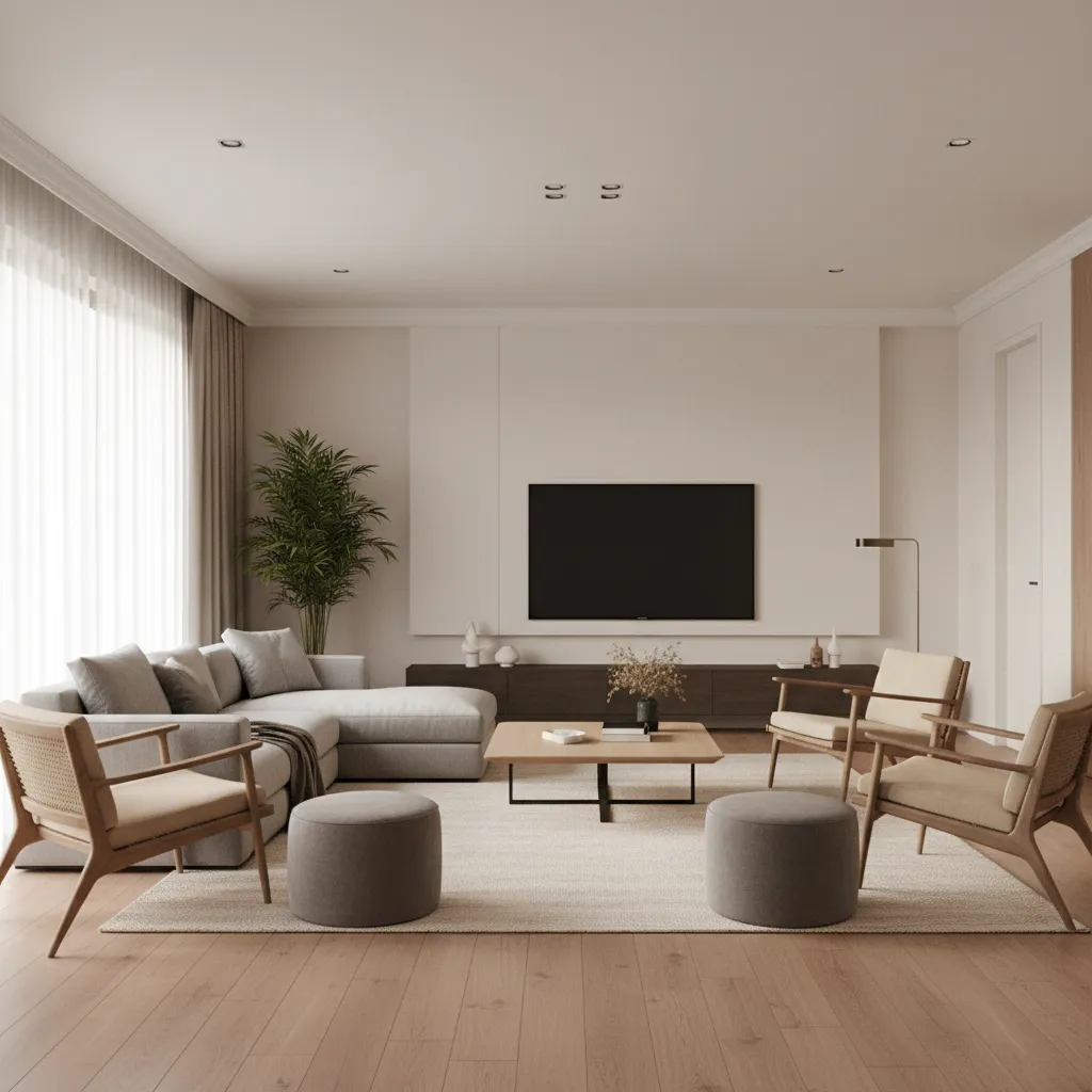 15x15 living room with sofa centered facing a television wall