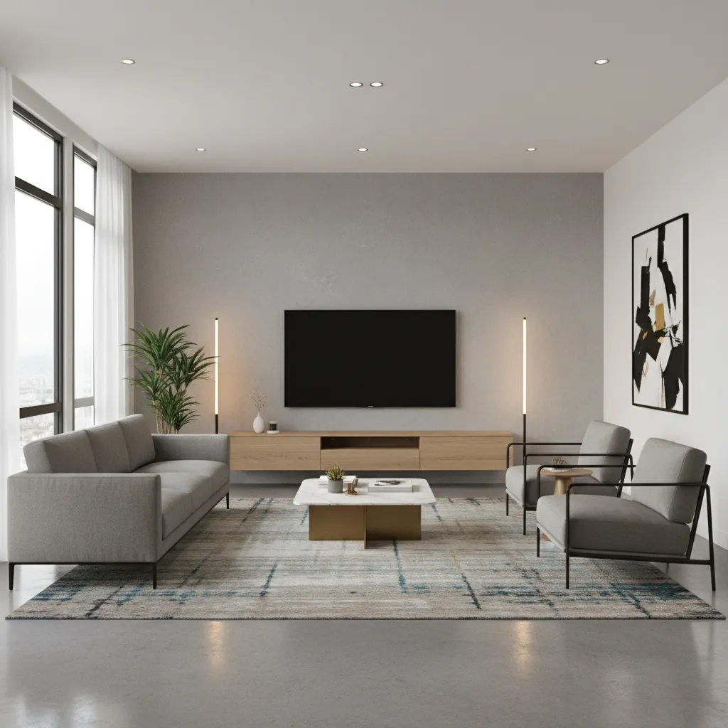 TV centered furniture arrangement in a rectangular living room