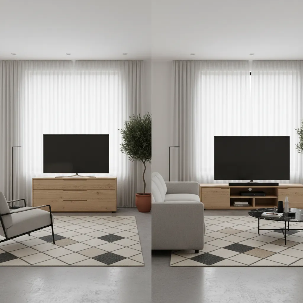 Comparison showing dresser width versus TV stand width under a television