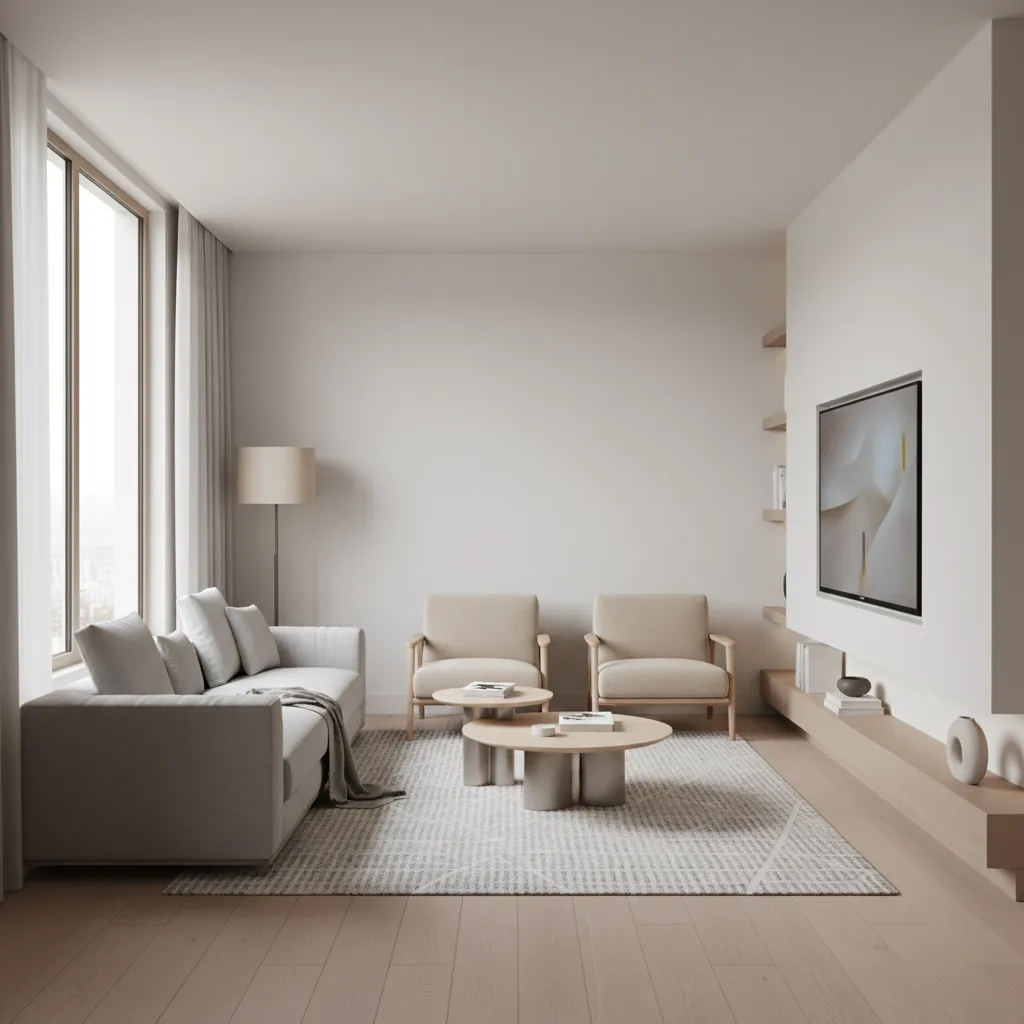 Small living room with wall mounted TV positioned perpendicular to window to reduce glare