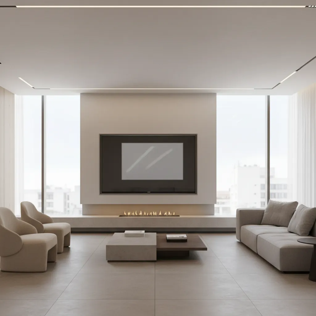 living room showing glare on TV above fireplace caused by window light