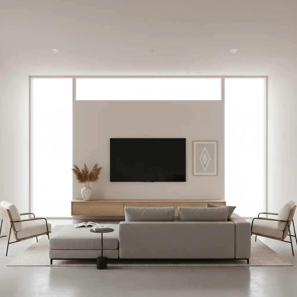 Minimalist living room with wall mounted TV wooden cabinet grey sofa two chairs and windows