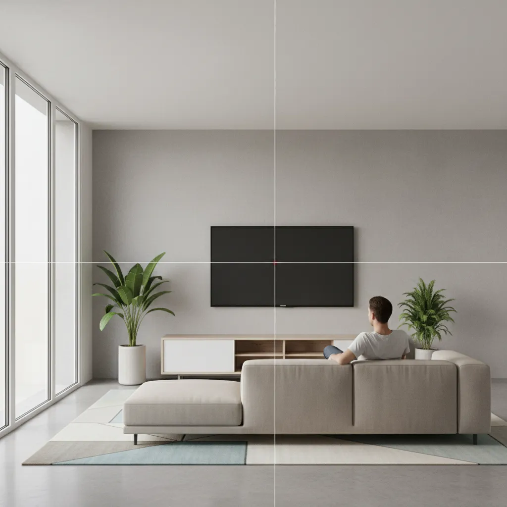diagram style living room showing TV mounting height and sofa eye level alignment