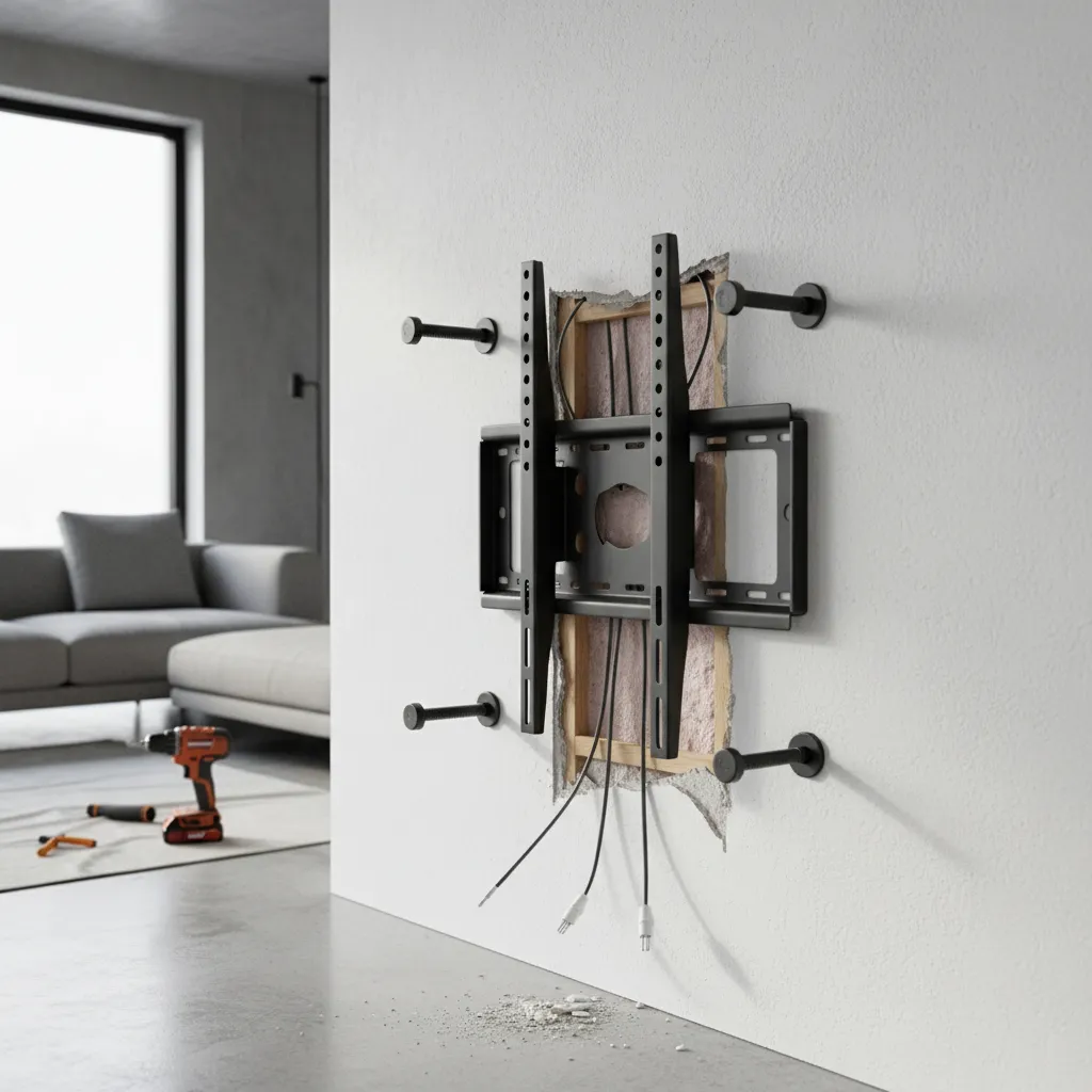 TV wall mount bracket slightly separated from drywall showing structural mounting problem