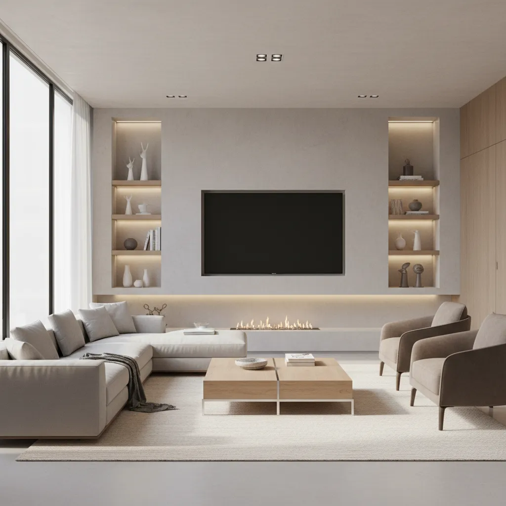 living room with TV mounted above fireplace demonstrating common installation layout