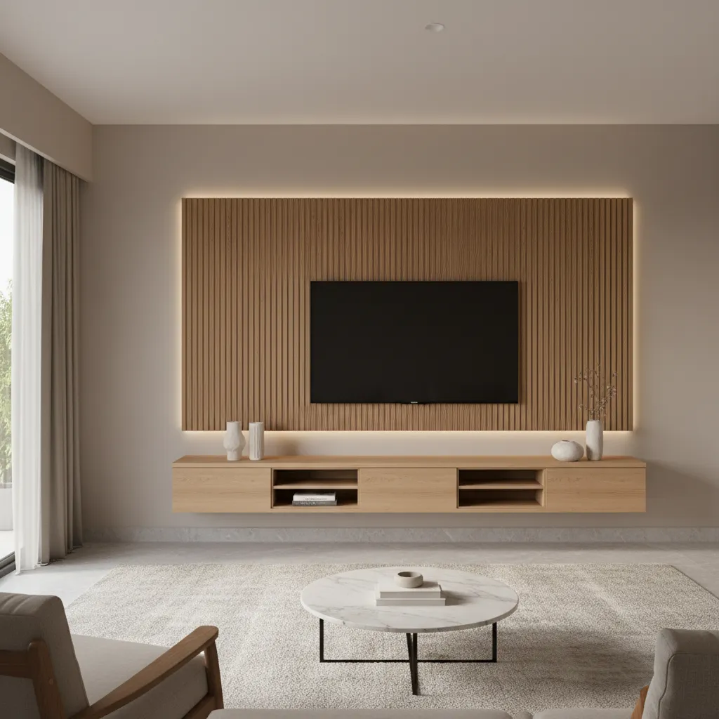Modern living room with wooden wall panel, wall lights, floating cabinet, and marble coffee table
