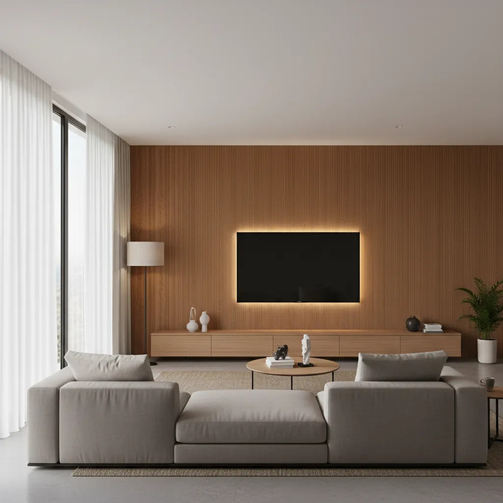 Wood panel TV wall with mounted television and integrated lighting
