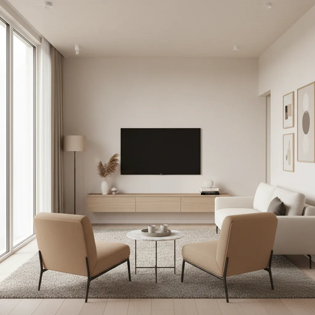 Narrow living room with optimized TV placement on long wall
