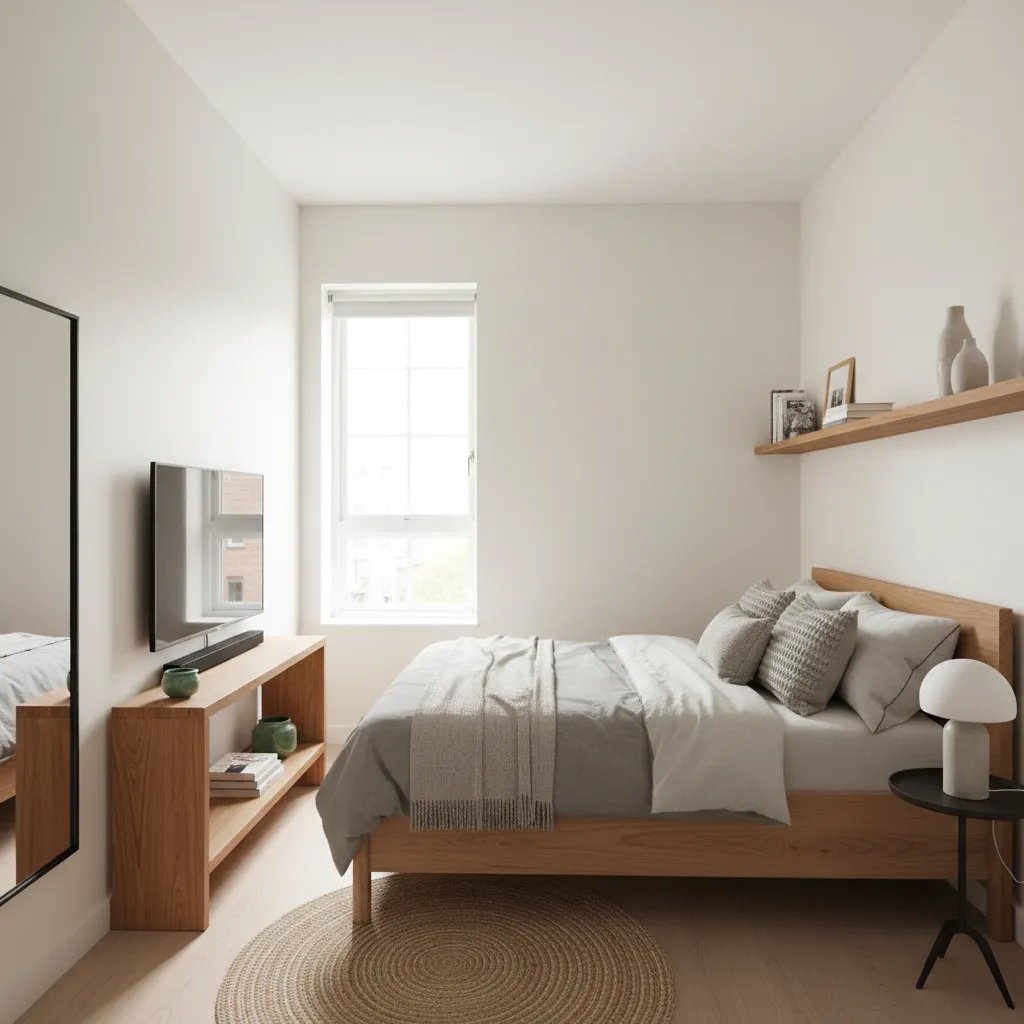 small bedroom with slim TV stand placed across from the bed