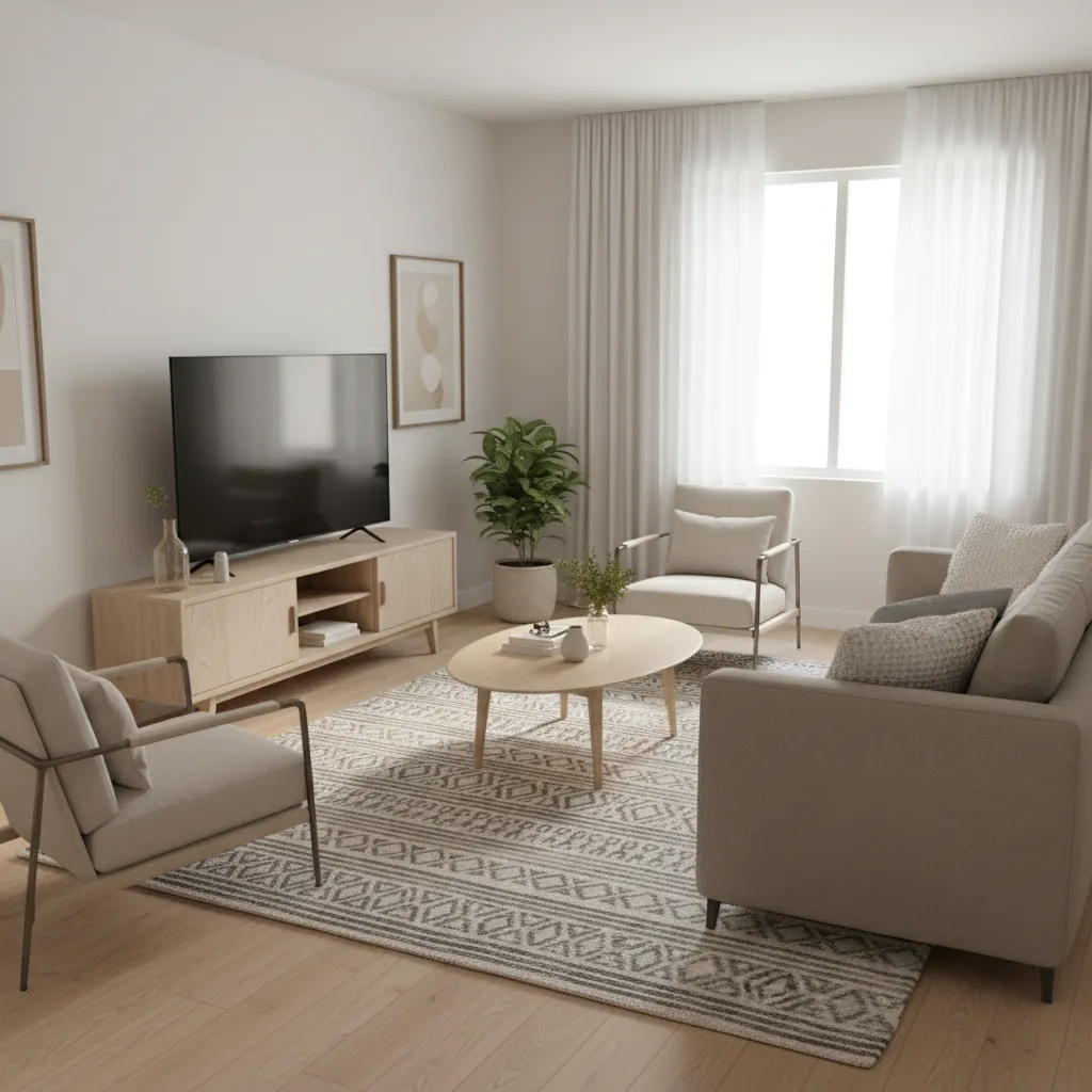small living room layout with TV stand and sofa facing media console