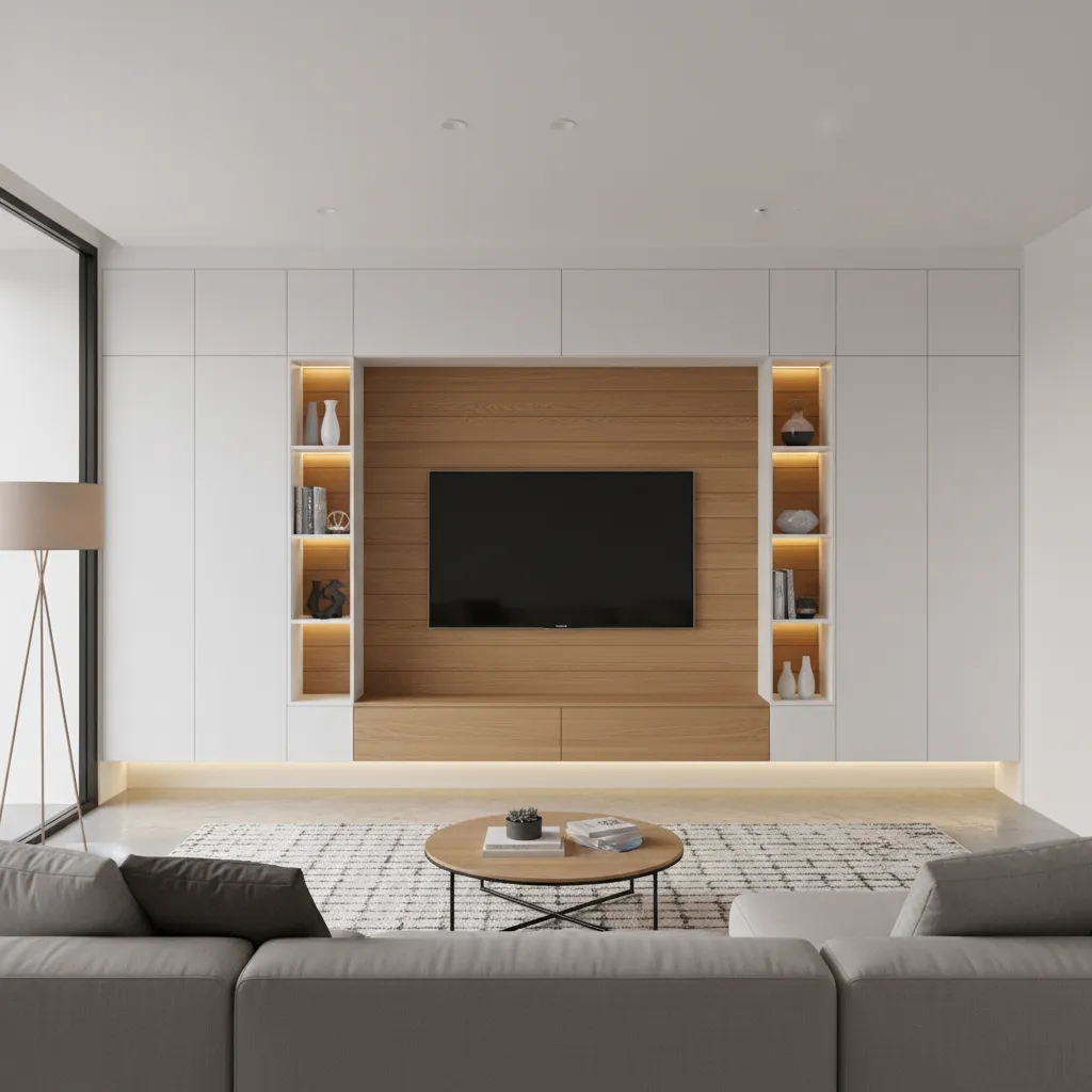 Living room TV wall integrated with almirah cabinets and shelves