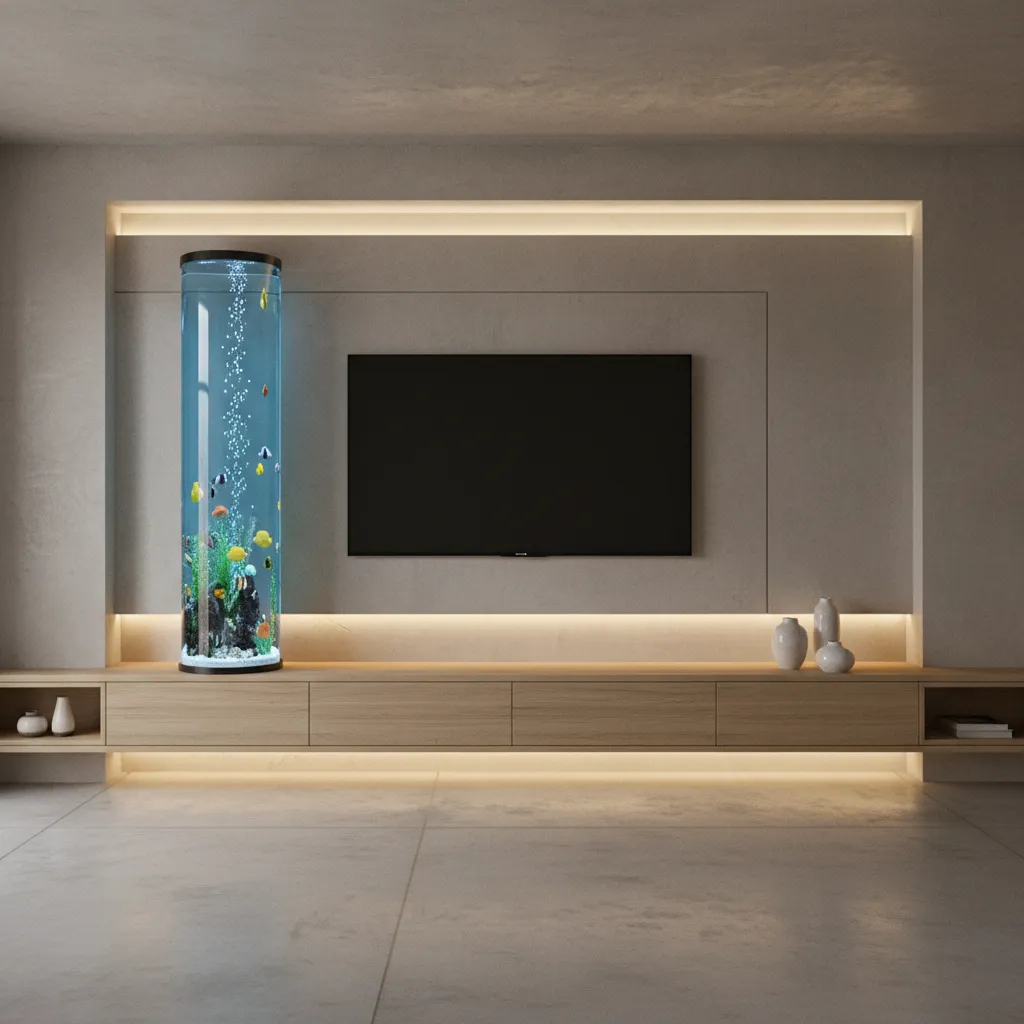 Minimalist living room with wall mounted television wooden shelf and a tall round fish tank