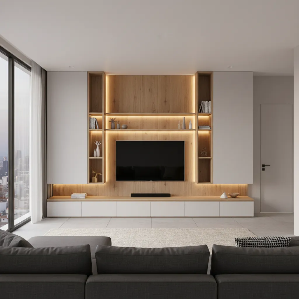 modern TV wall unit with cupboard storage in living room hall