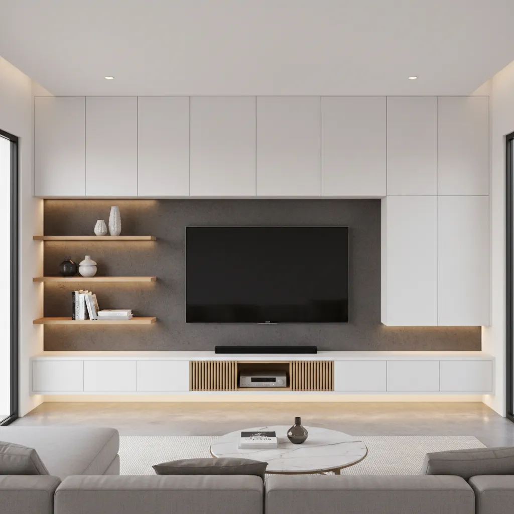 TV unit with concealed cabinets and minimal shelves