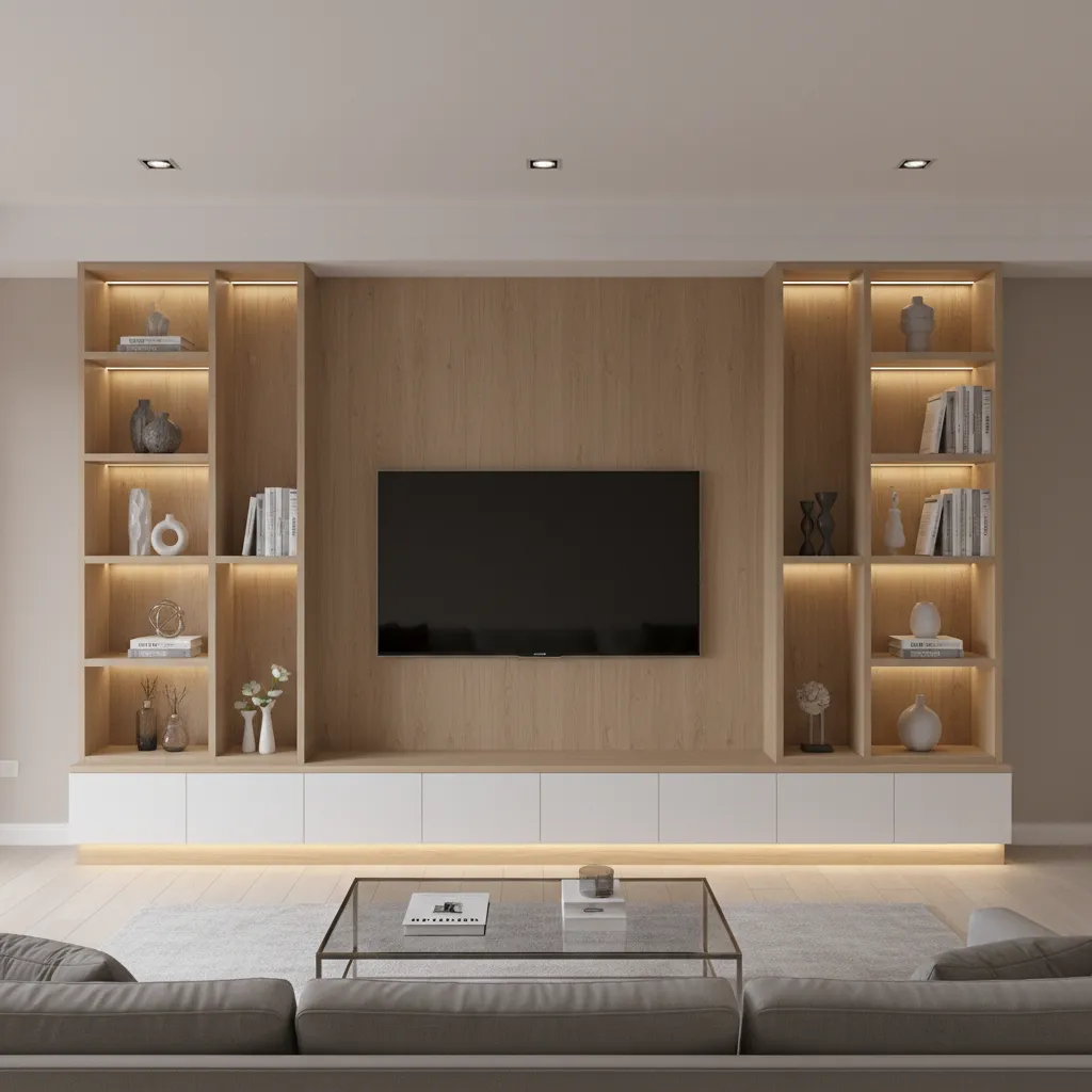 TV unit wall layout with cabinets and symmetrical shelving