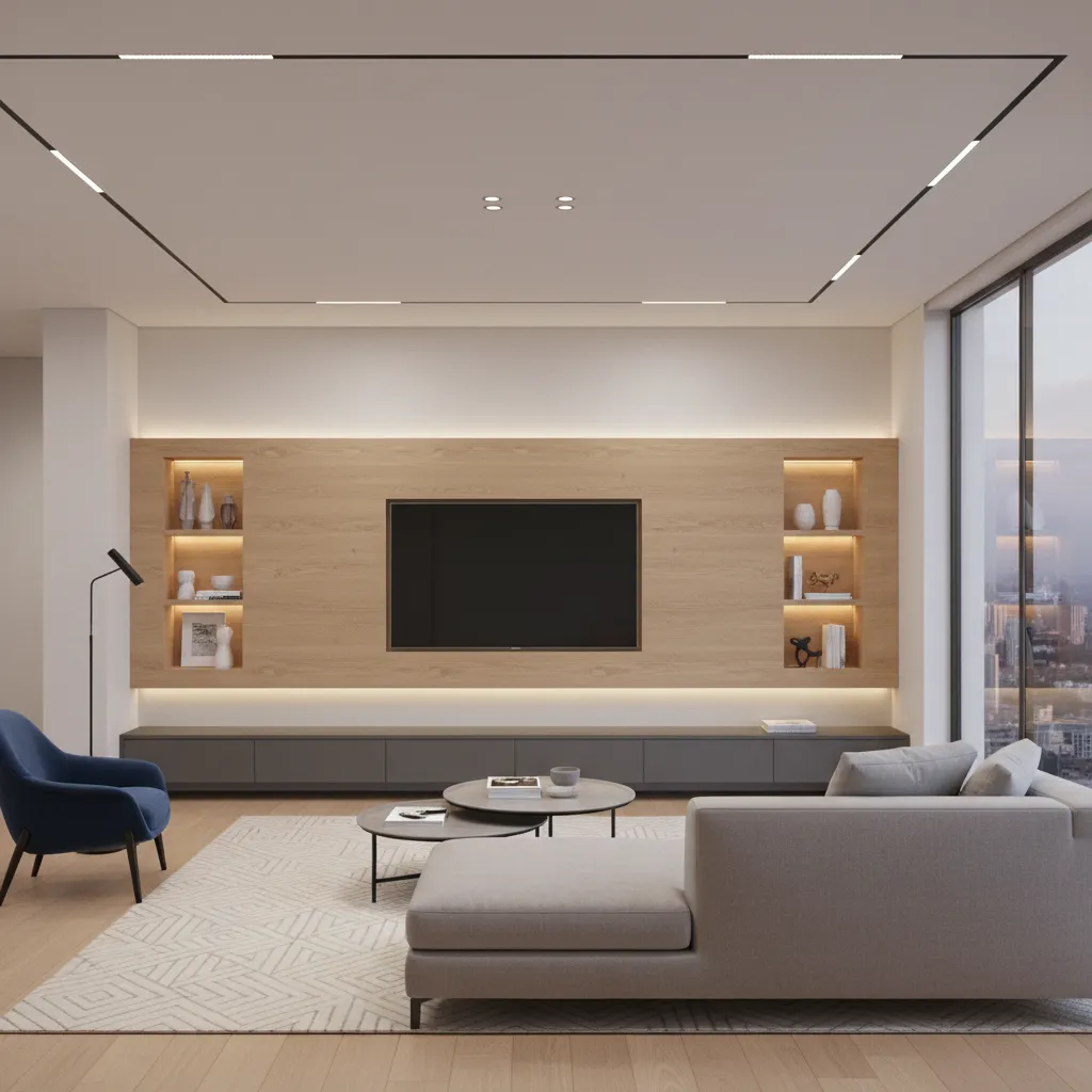 Modern TV wall panel with base storage cabinet layout design
