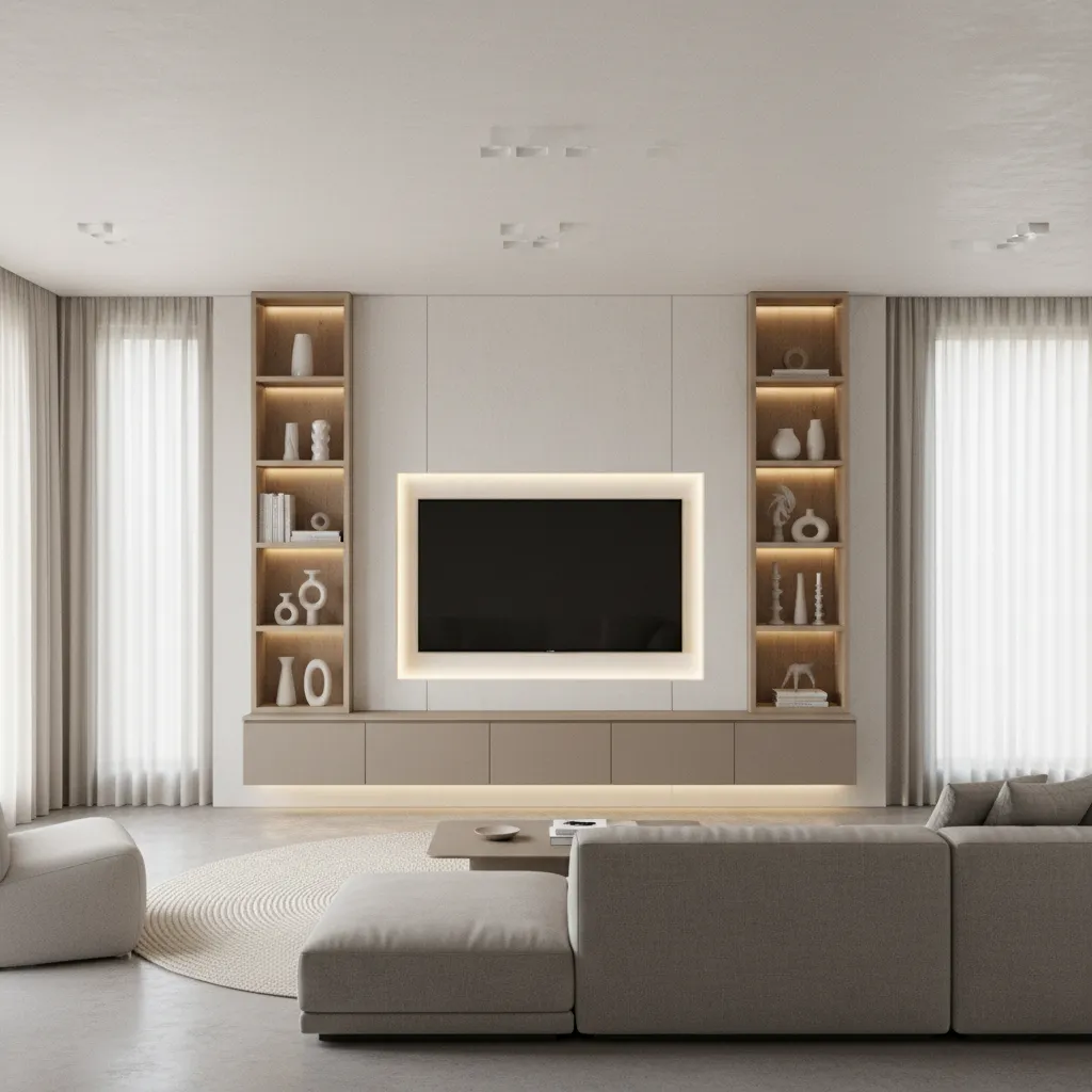 living room TV unit layout with cabinets shelves and media storage zones