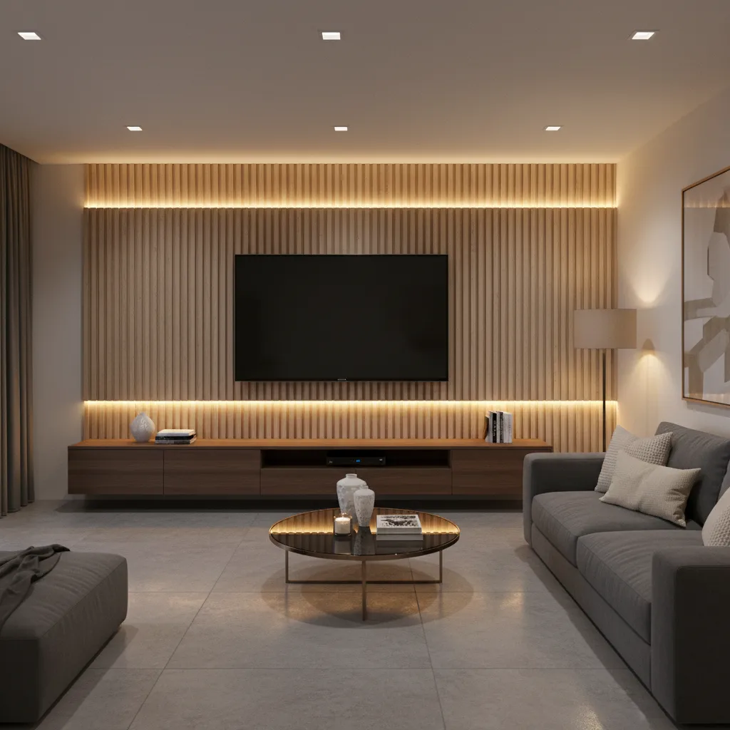 Living room with wood wall panel, strip lights, long cabinet, grey sofa, and coffee table