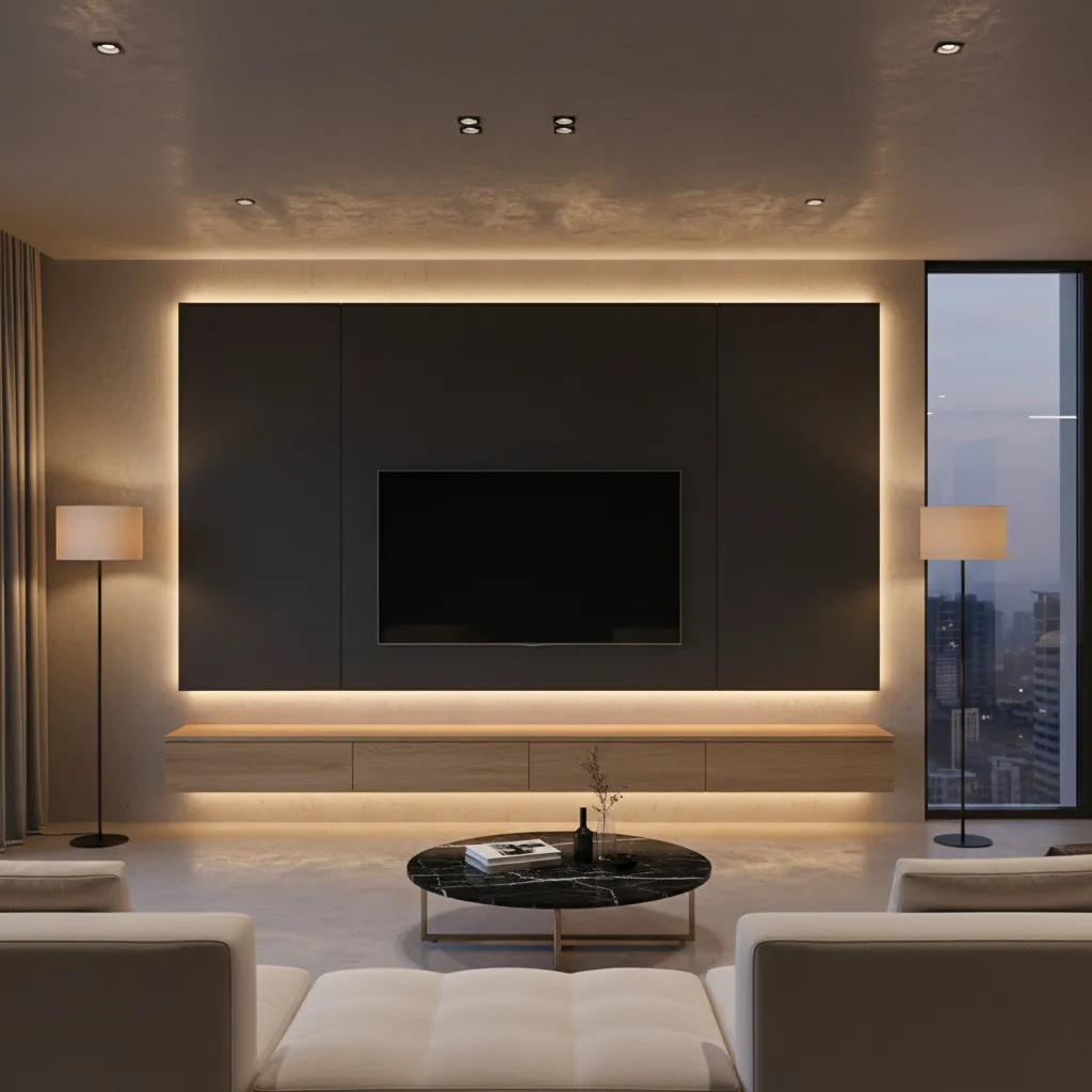 Living room TV wall with warm LED backlighting and floating cabinet