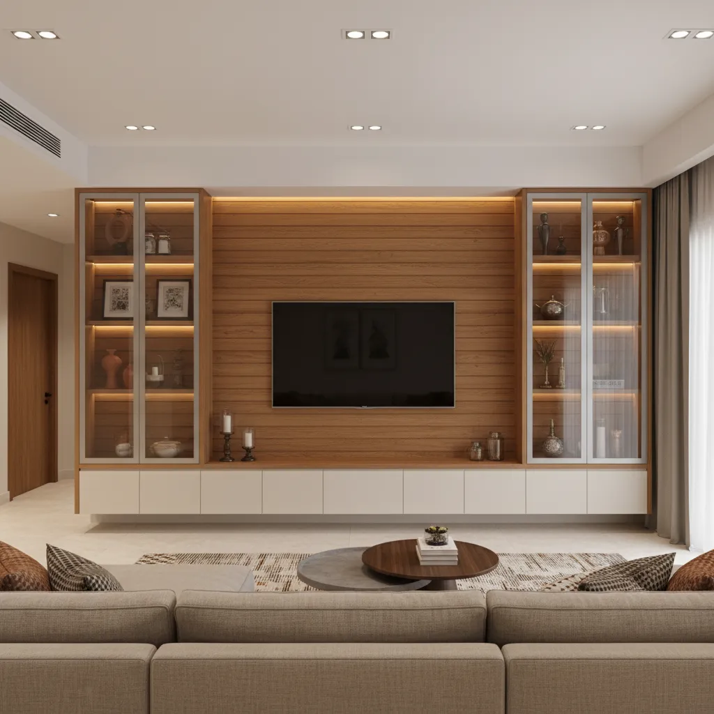 modern tv unit with display showcase shelves in indian living room