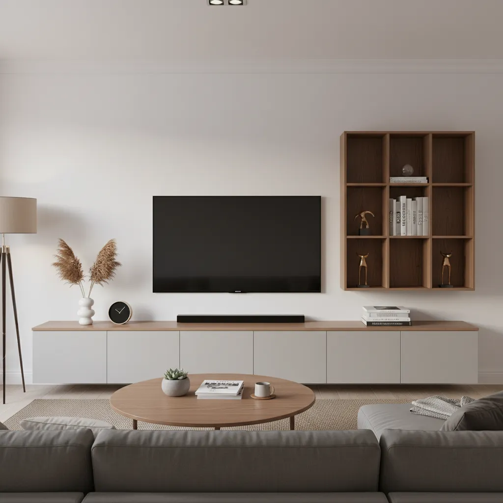 TV cabinet design combining closed storage and open display shelves