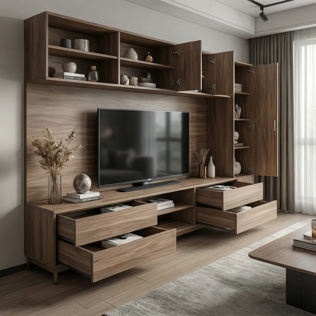 Modern TV unit storage with closed drawers and open decor shelves