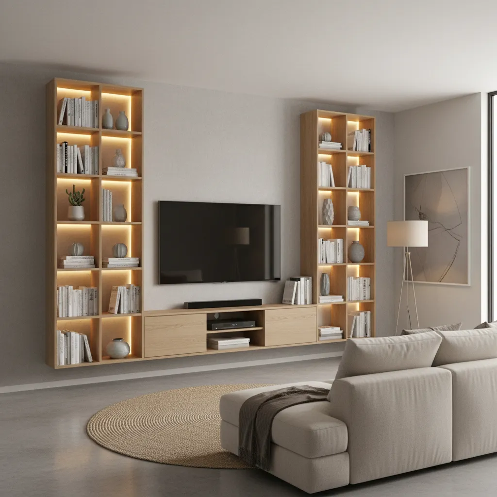 TV unit with open shelves and decorative lighting in living room