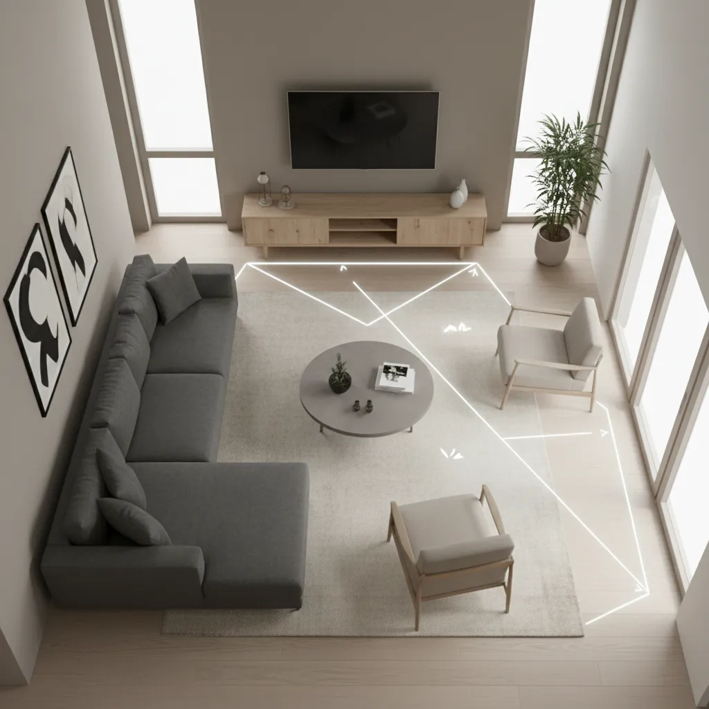 living room seating layout showing correct TV viewing angle