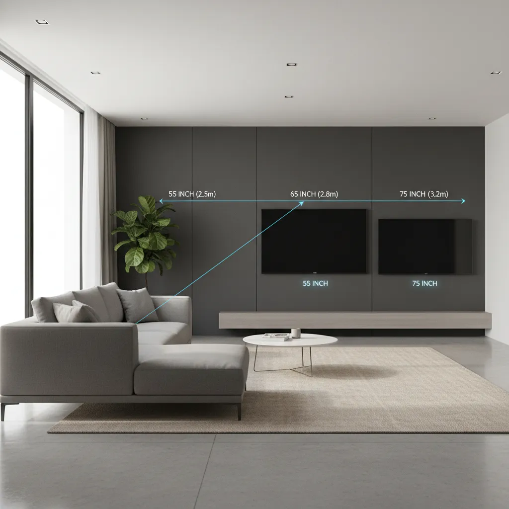 Living room diagram showing sofa distance from TV for different screen sizes