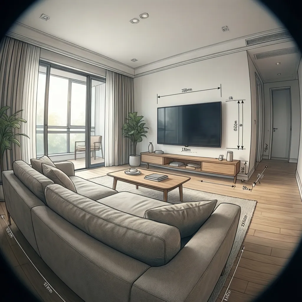 Living room diagram showing sofa to TV viewing distance