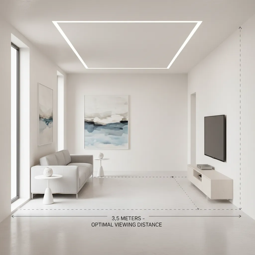 Living room diagram showing ideal TV viewing distance between sofa and screen