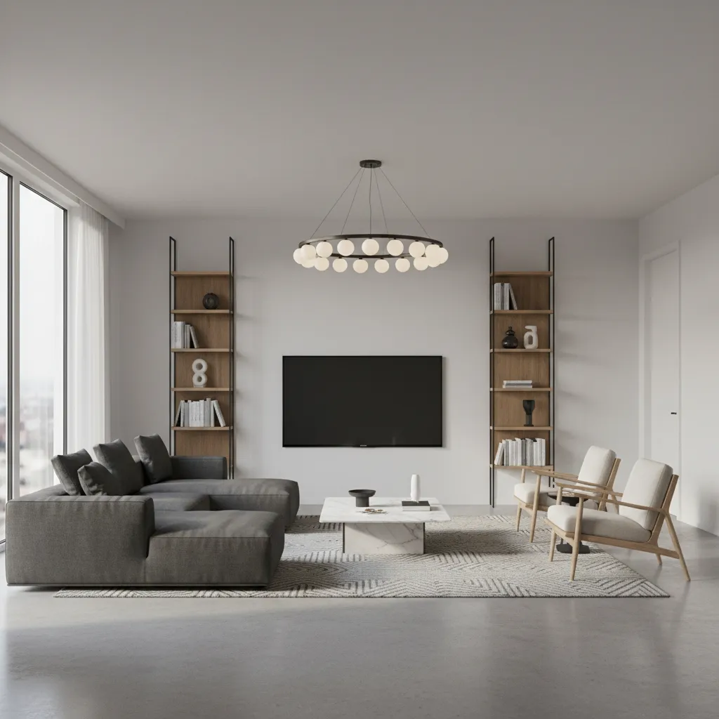 living room layout showing proper distance between sofa and wall mounted TV