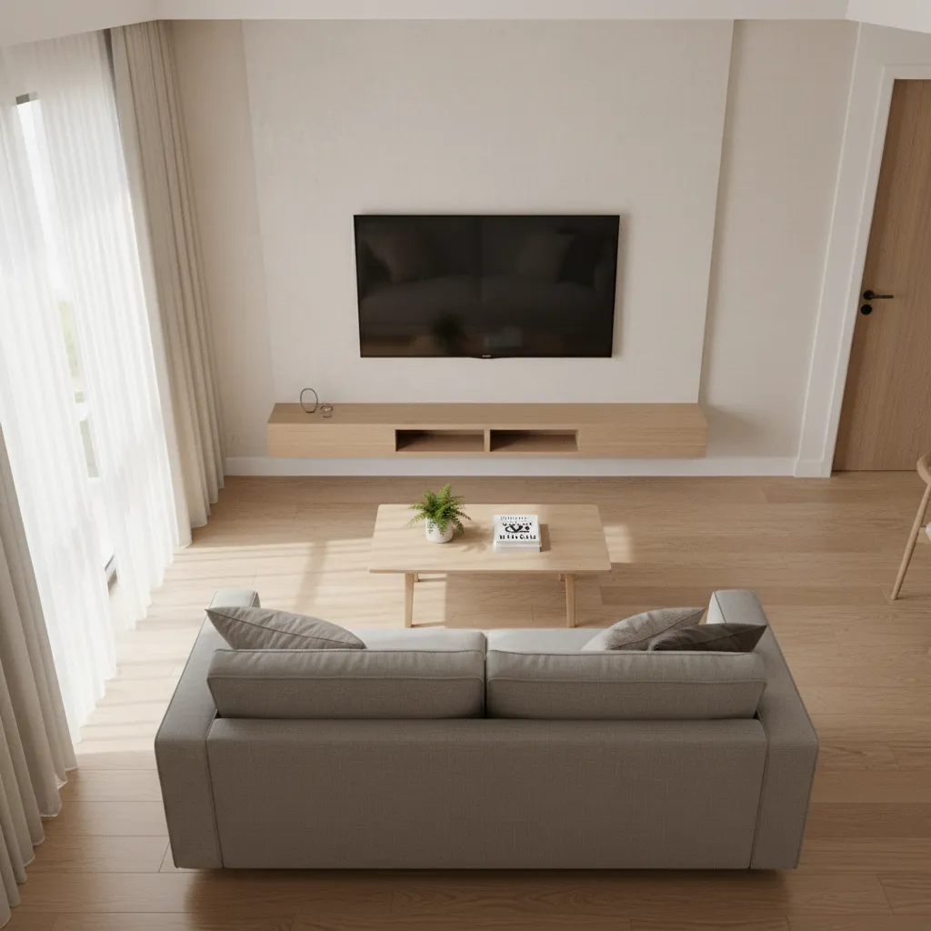 Small living room layout showing proper TV viewing distance between sofa and wall mounted screen