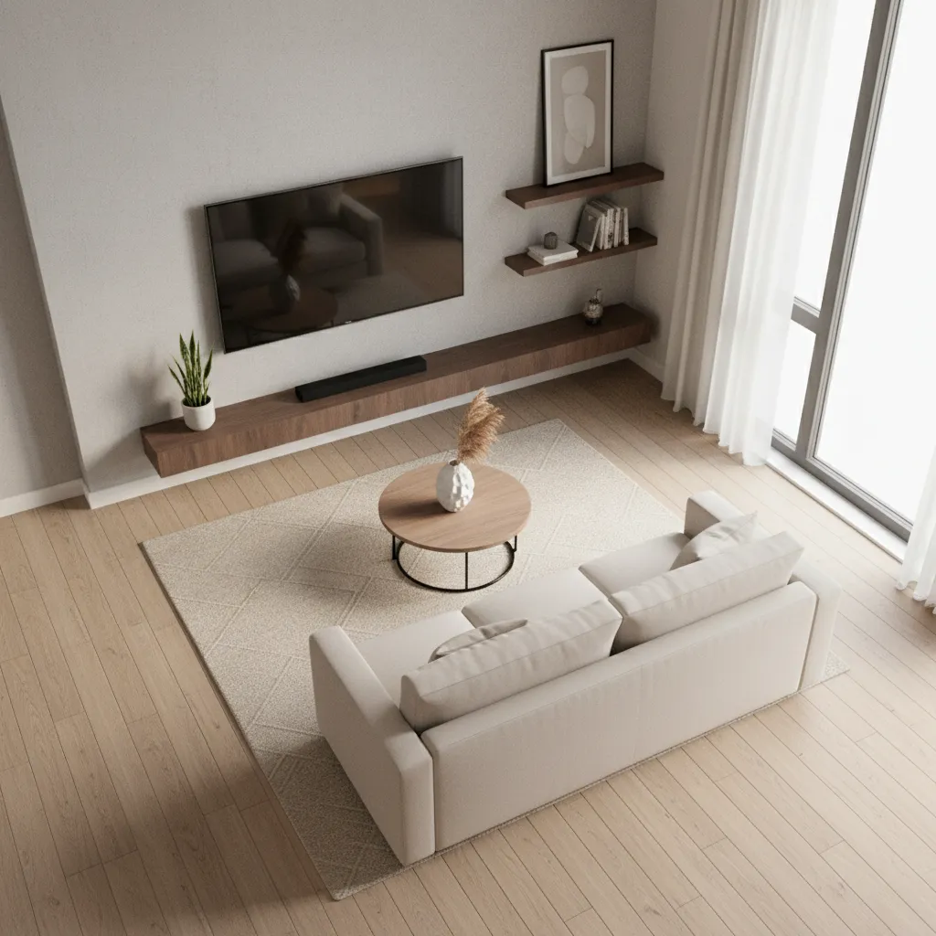 Living room layout showing proper sofa distance from TV