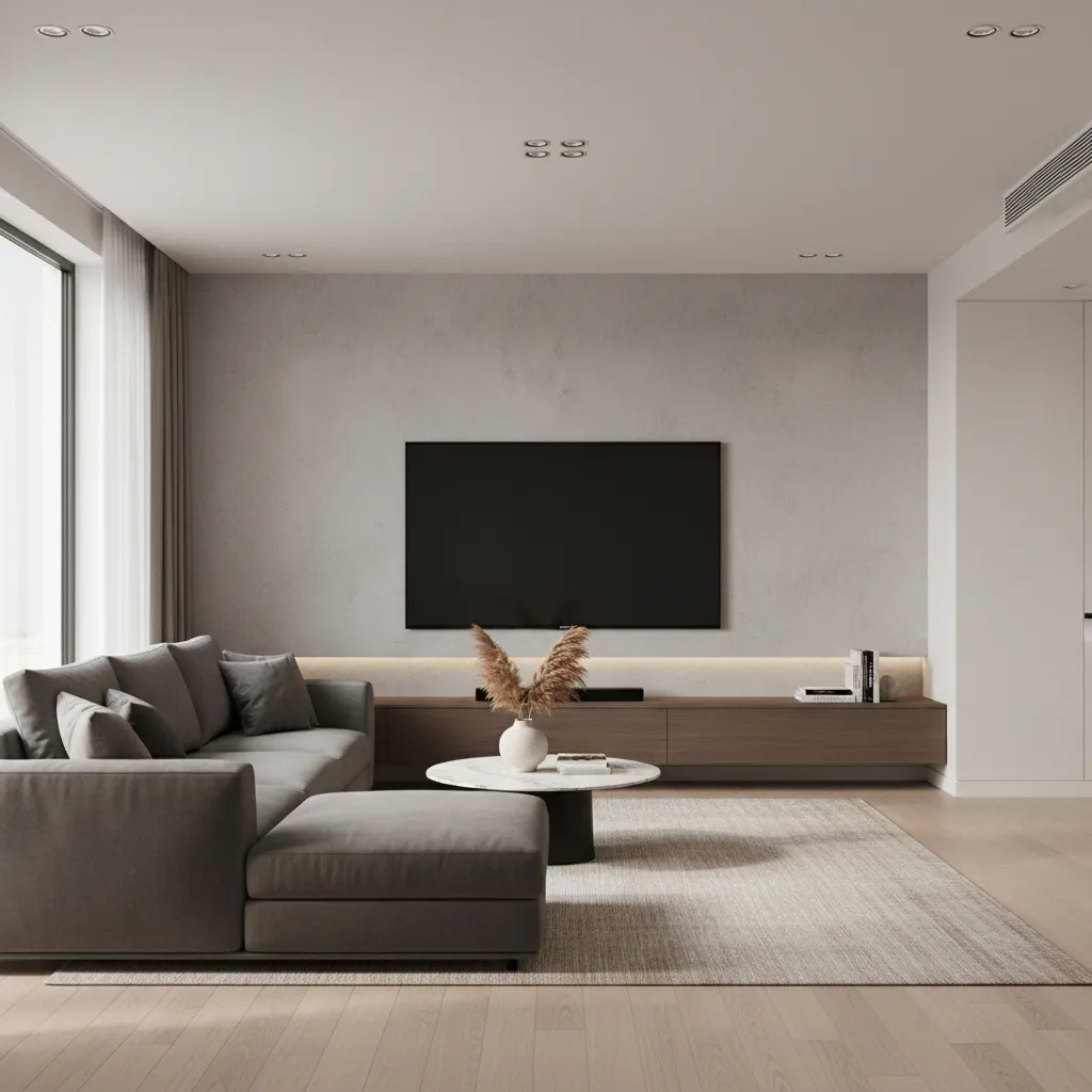 Living room showing proper TV viewing height and seating distance