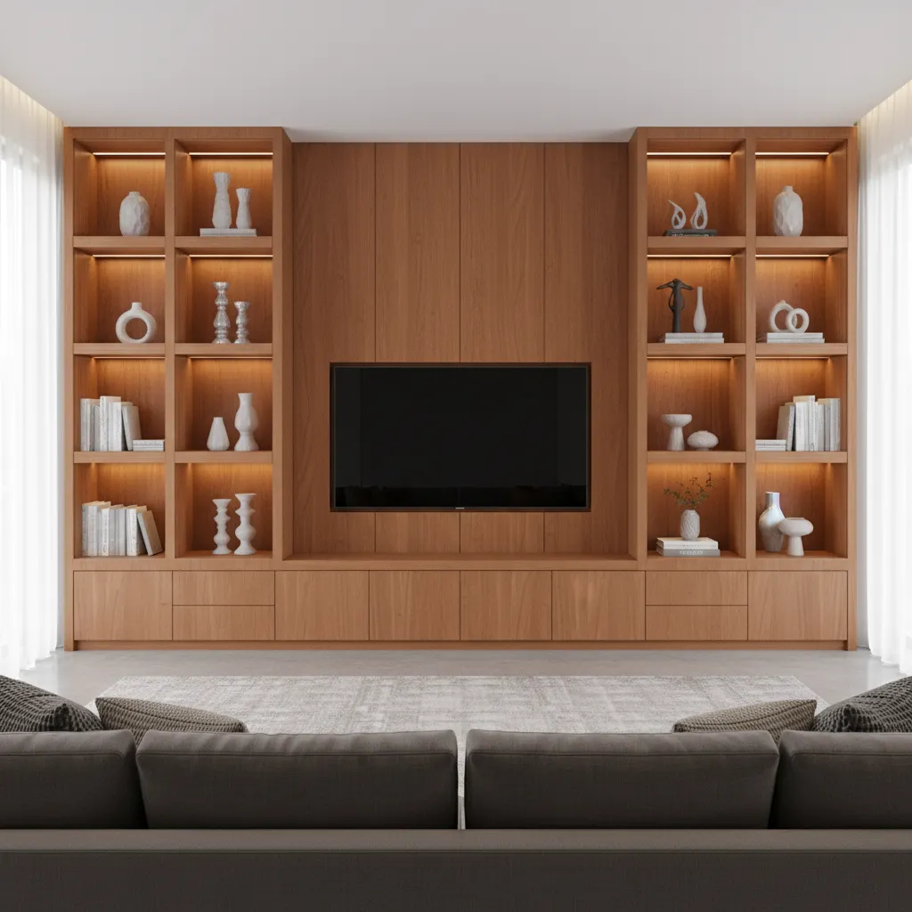 Living room TV wall cabinet with shelves and storage layout