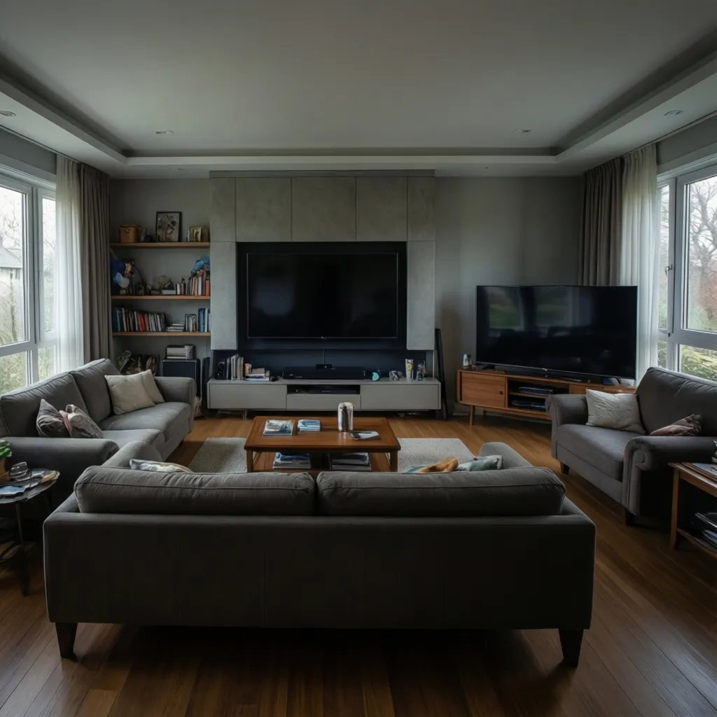 centered TV wall layout compared with corner TV setup in living room