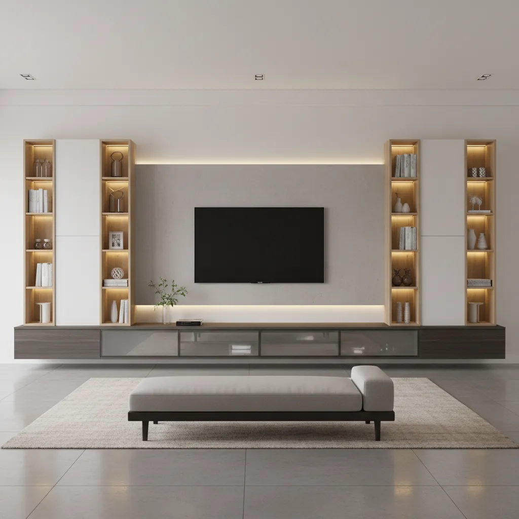 Modern living room interior design drawing featuring wall mounted TV lighted shelves and gray bench