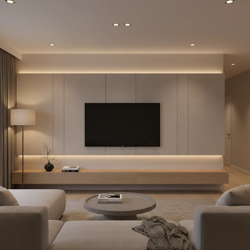 Large living room TV wall with soft LED backlighting and floating console