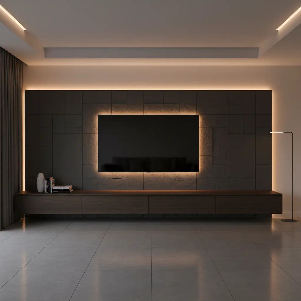 Modern TV wall with ambient LED backlighting in living room