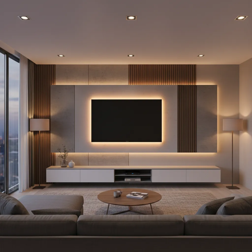 TV wall with integrated LED backlighting and decorative panels