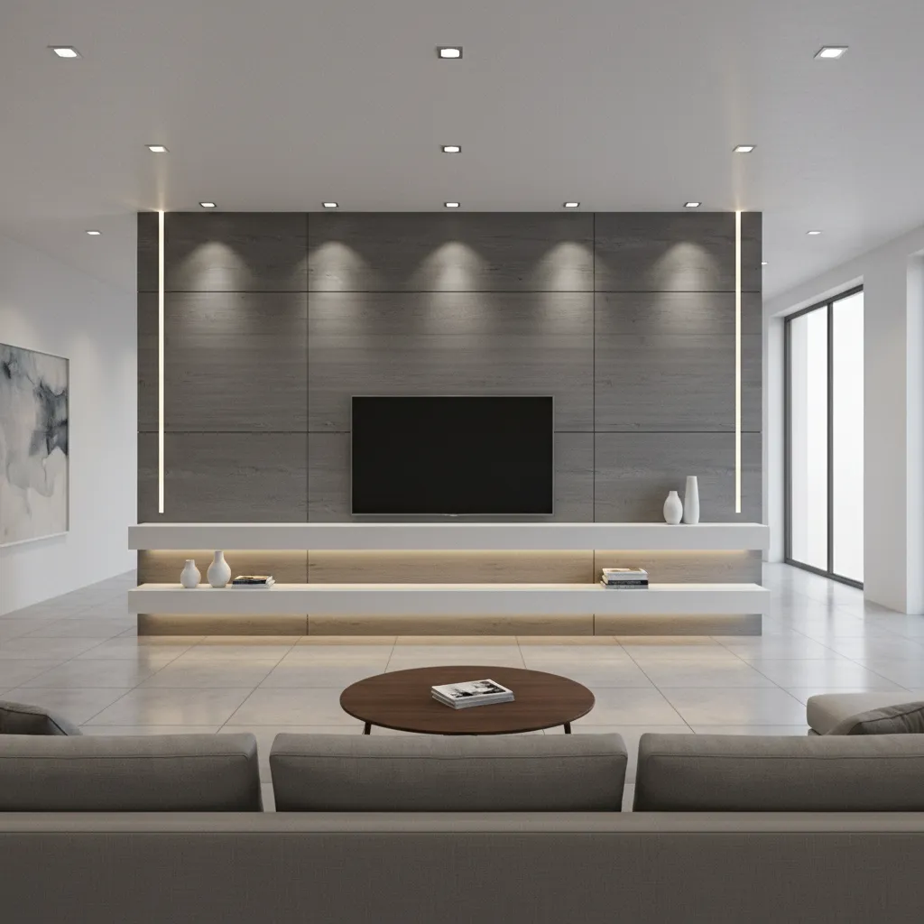 Living room TV wall showing recessed lighting placement and shelf lighting layout