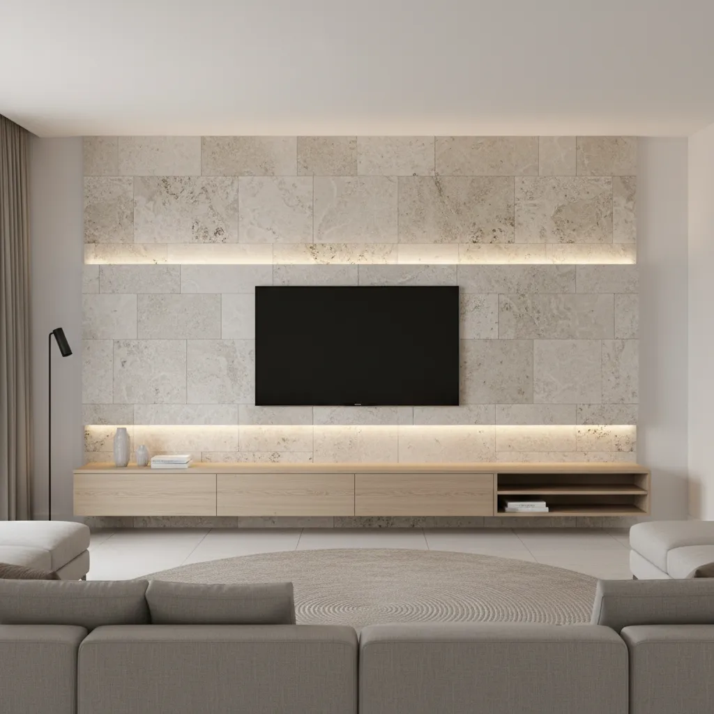 modern living room tv wall with textured tiles