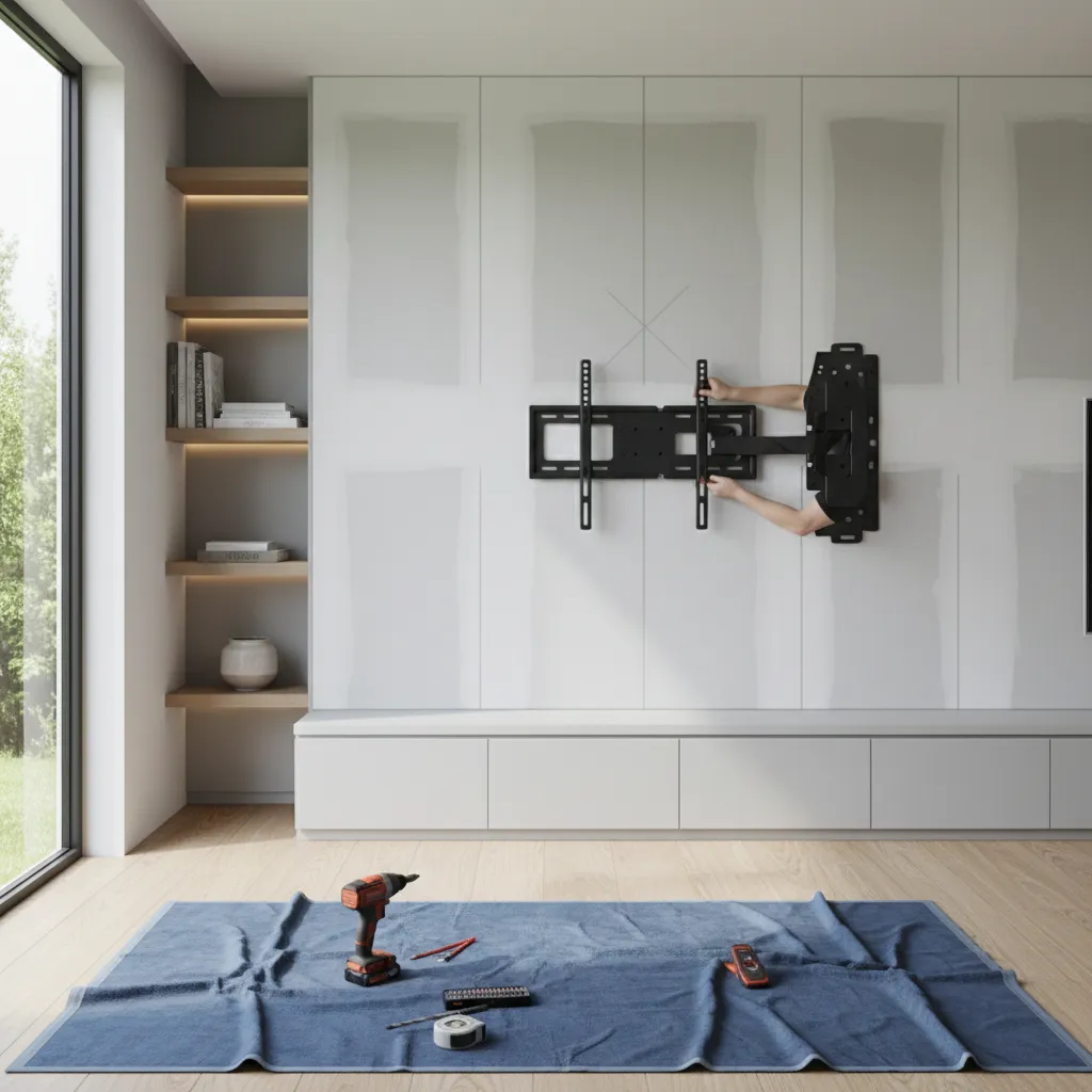 Wall mount installation showing stud finder markings and bracket alignment on wall