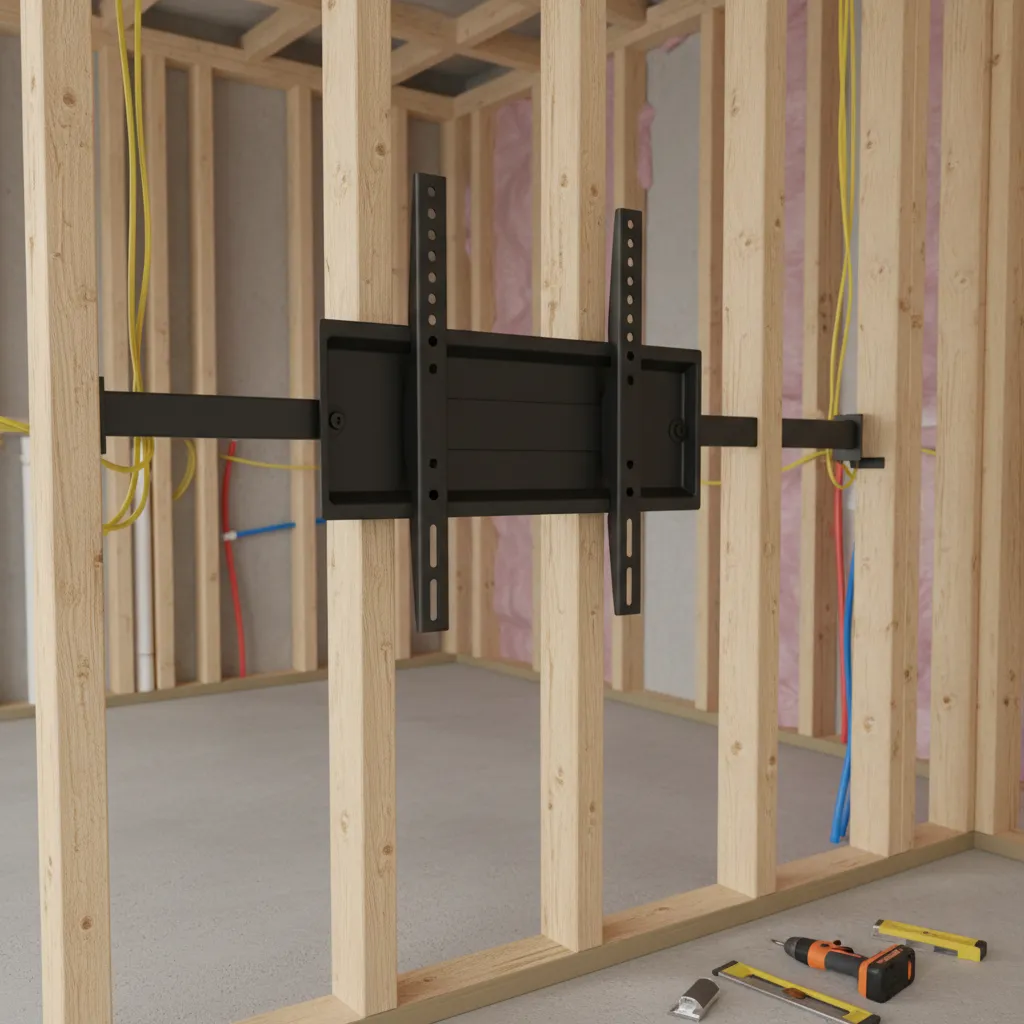 Close view of a heavy duty fixed TV wall mount bracket attached to wall studs