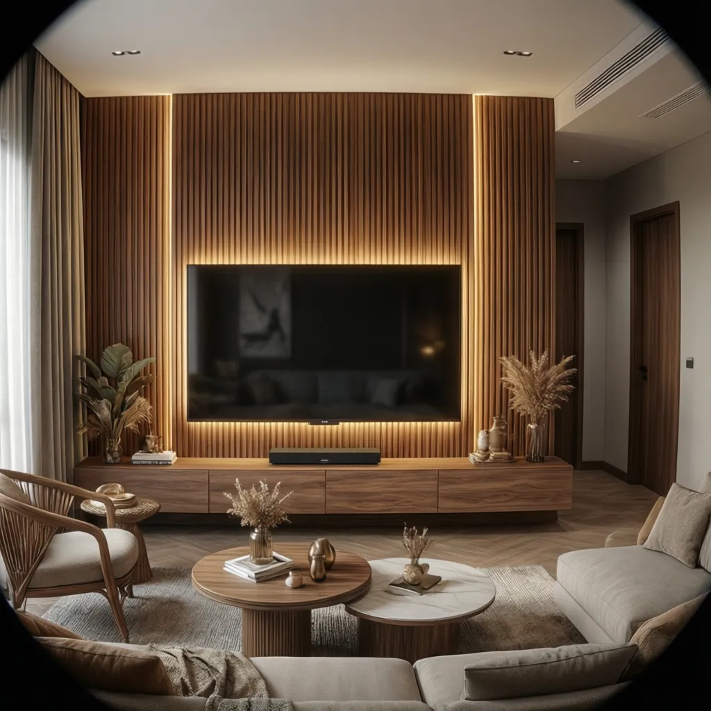 Modern TV wall panel with soft lighting in small apartment living room
