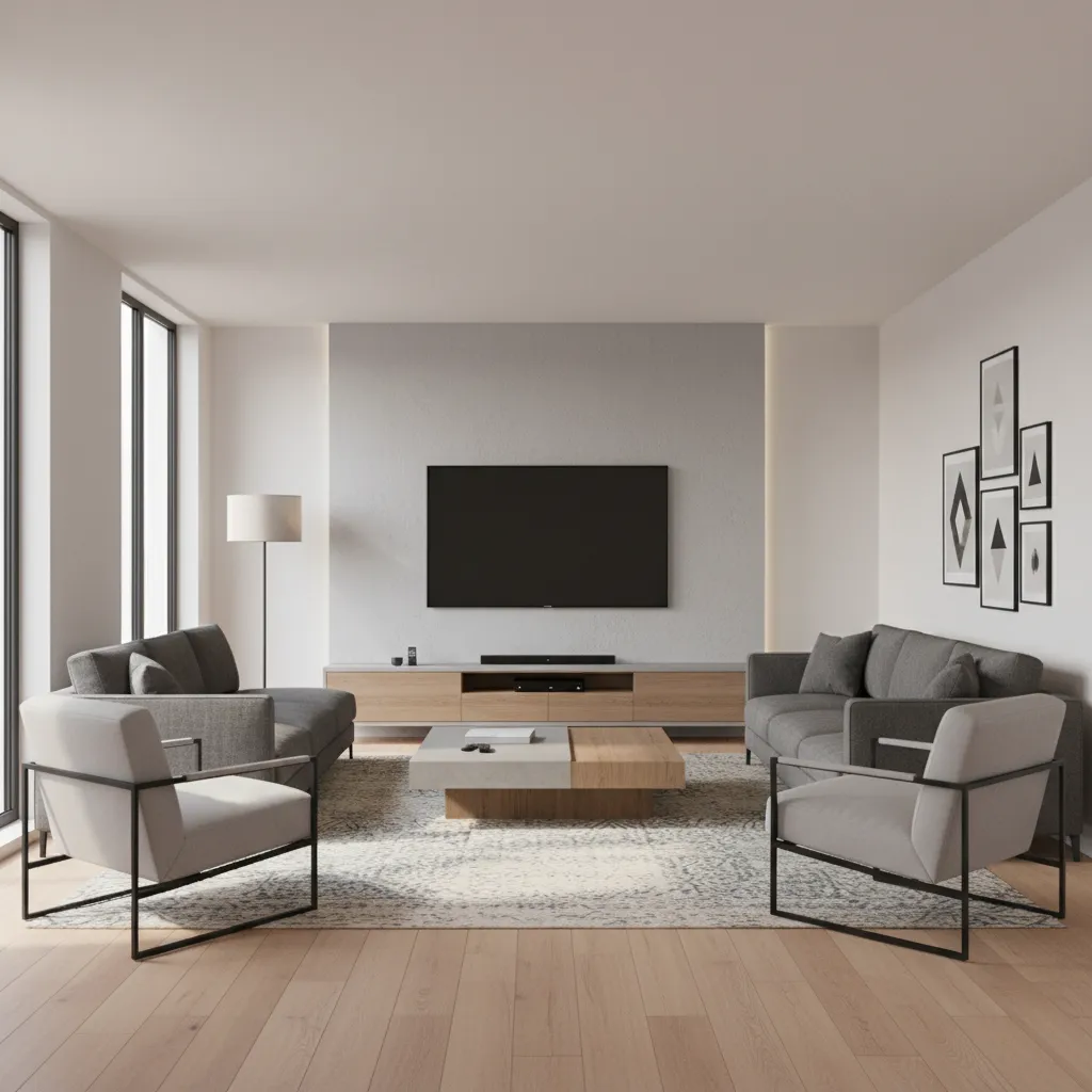 tv positioned on short wall of narrow living room facing sofa